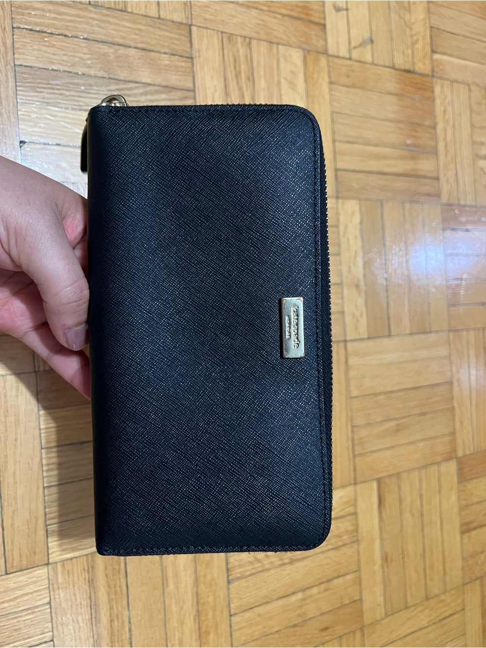 kate spade Black Textured Zip-Around Wallet with Gold Plate